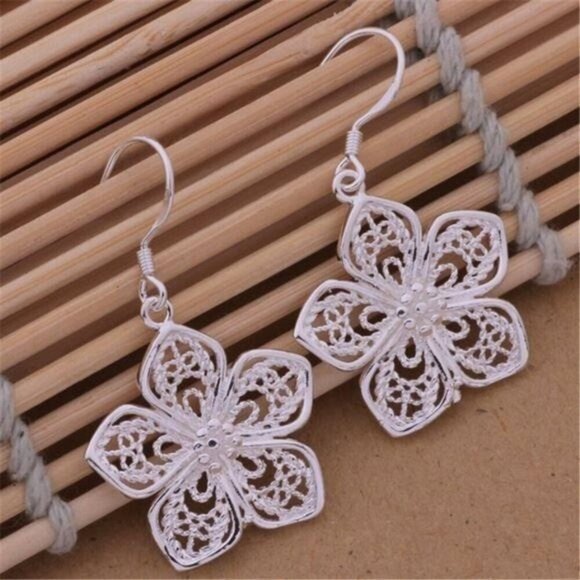 925 Sterling Silver Overlay Filigree Rose Flower Dangle Earrings - Picture 1 of 6